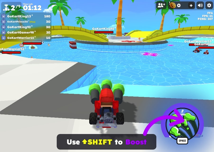 Players have received weapons after passing through the golden gift box with question mark, use it properly in Go Karts game at Smash-Kats.com (1)